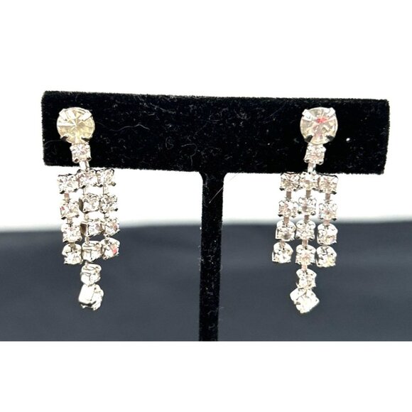 Unbranded Jewelry - Rhinestone Earrings 3 Row Dangle Screw Back Vintage 1.5" Long Unsigned